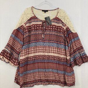 New Fred David size 3X Multi Geometric Artsy Lace Detail Tie Front Boho Blouse
